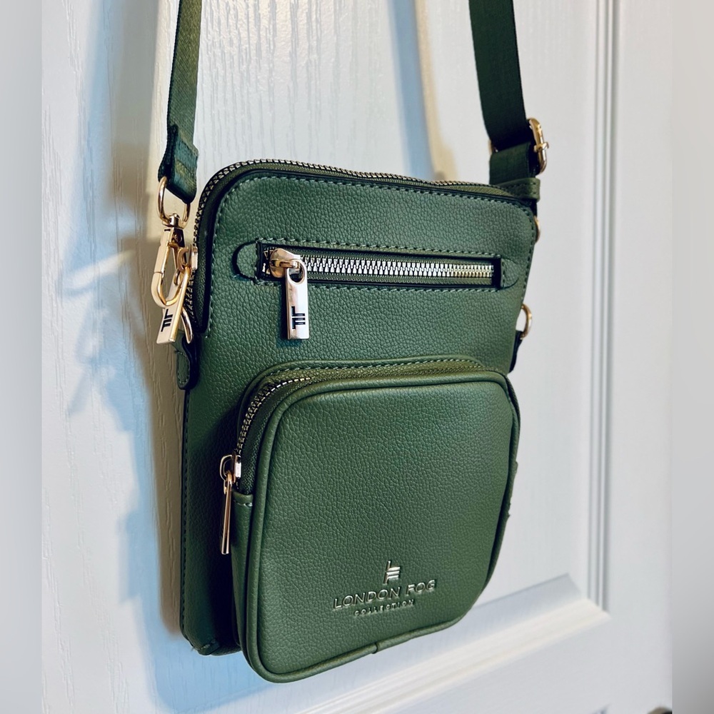 London Fog Olive Green Crossbody Bag with Gold Metallic Details - Picture 3 of 8